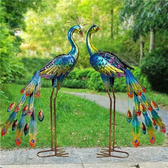 2 Pack Solar Peacock Garden Decor, Metal Peacocks Figurine Lights, LED Solar - Picture 1 of 6